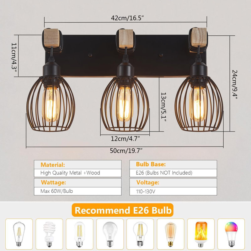 Wood Wall Sconce With Elegant Teardrop Cage, Industrial Black Vanity Lights Over Mirror For Living Room Bedroom Hallway
