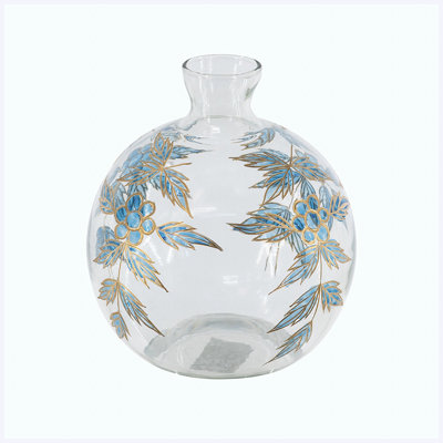 Vase en verre transparent 9 "H avec motifs botaniques bleus et dorés, vase décoratif