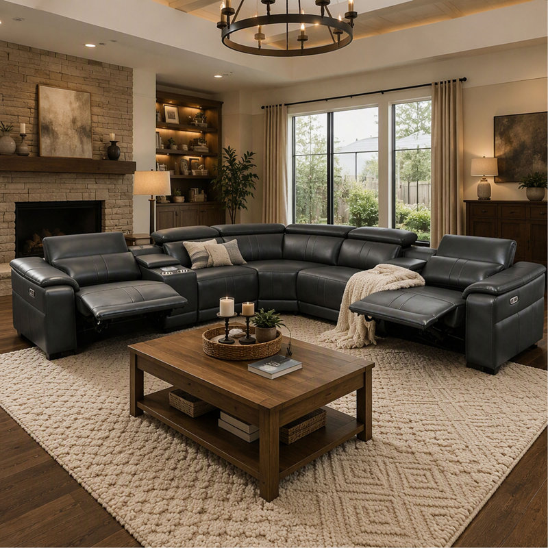 Power Recliner Sectional Sofa with Bluetooth Speakers, L-Shaped Living Room Furniture Set with Wireless Charging, LED Lights, Storage Console and Cup Holders