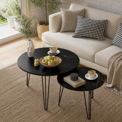 Ensemble de 2 tables basses gigognes rondes de 27,56 po, ensemble de tables de bout gigognes circulaires, plateau de table rond en marbre et base en métal robuste pour le salon, la chambre à coucher, noir