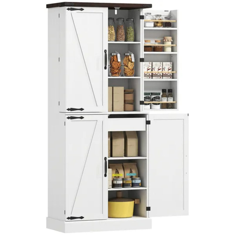 Armoire de cuisine 72 po de hauteur, armoire de rangement de style campagnard avec 8 étagères de porte et 8 tablettes réglables, blanc