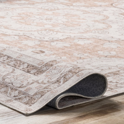 Ashtin Zahra Medallion Machine Washable Area Rug for Living Room Bedroom Dining Room Kitchen, Peach/Ivory