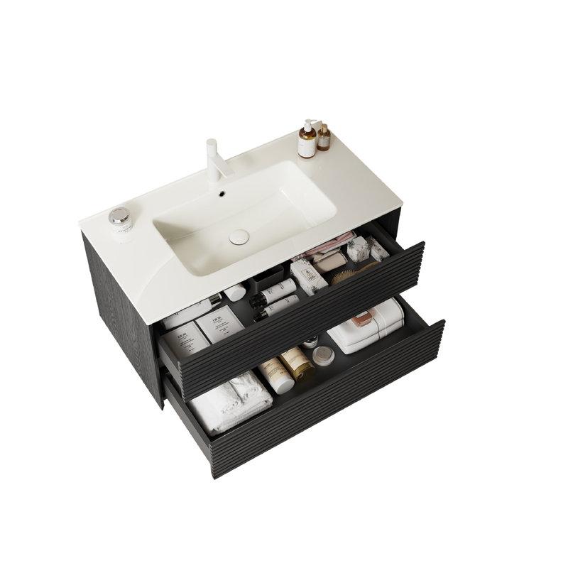 Meuble-lavabo mural 36 po avec lavabo, Chêne foncé