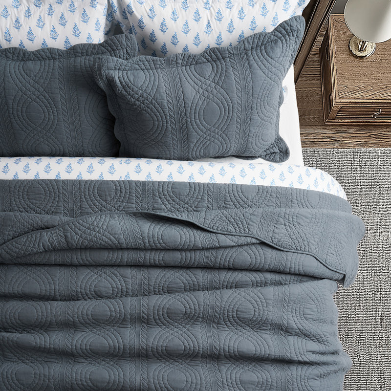 Ensemble de courtepointe 100% coton Scallop Edge, Courtepointe très grand et 2 très grandes taies , Bleu orageux