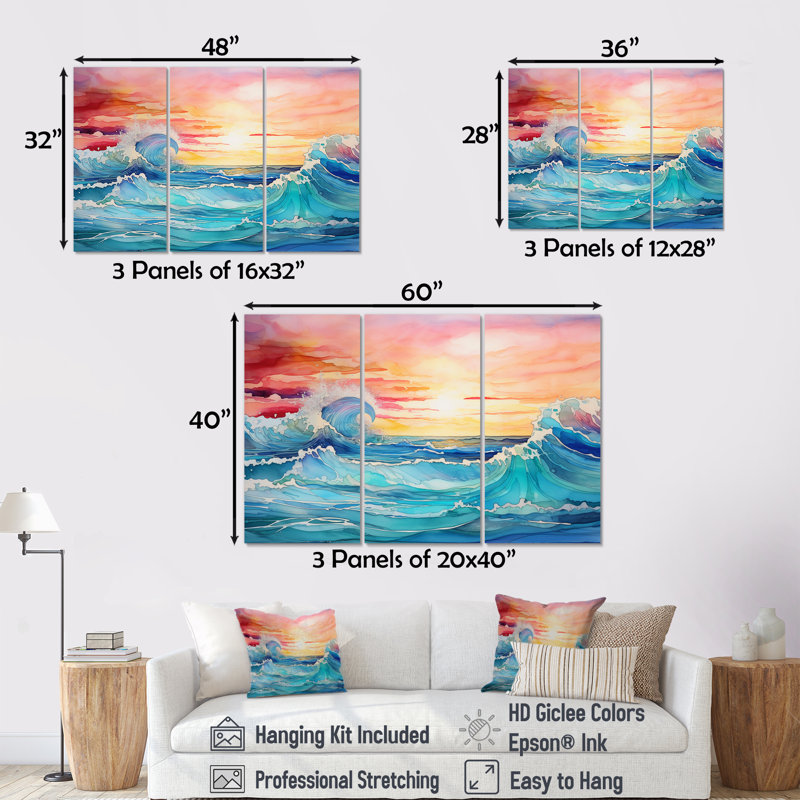 Rainbow Ocean Sunrise I - ensemble d'art mural sur toile océan, H 32 po x l 48 po x P 1 po
