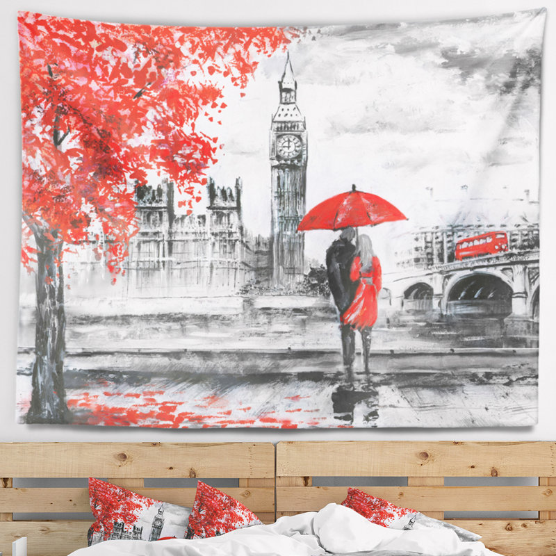 Couple de polyester marchant dans la tapisserie de Londres avec accessoires de suspension inclus, H 50 po x l 60 po