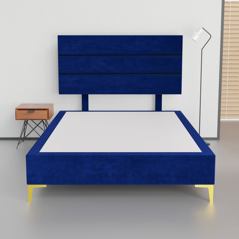 Lit plateforme tapissier Alisiah, Double TG, Bleu