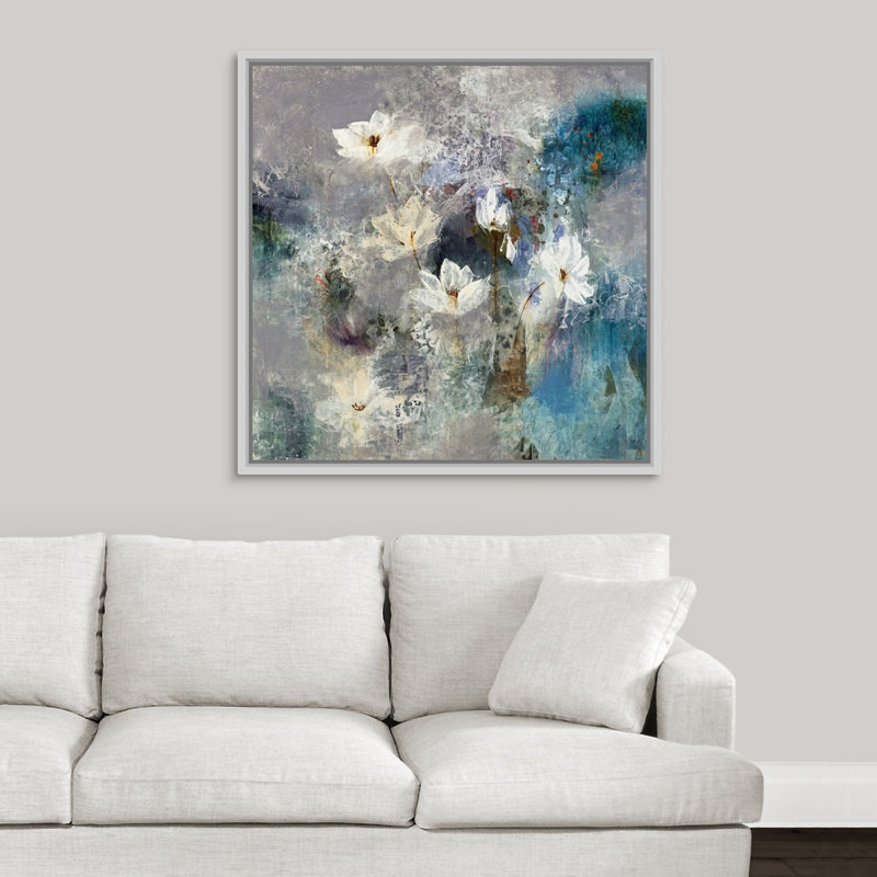 « gathering lilies », peinture sur toile, Cadre flottant blanc, H 31,7 po x l 31,7 po x p 1,75 po