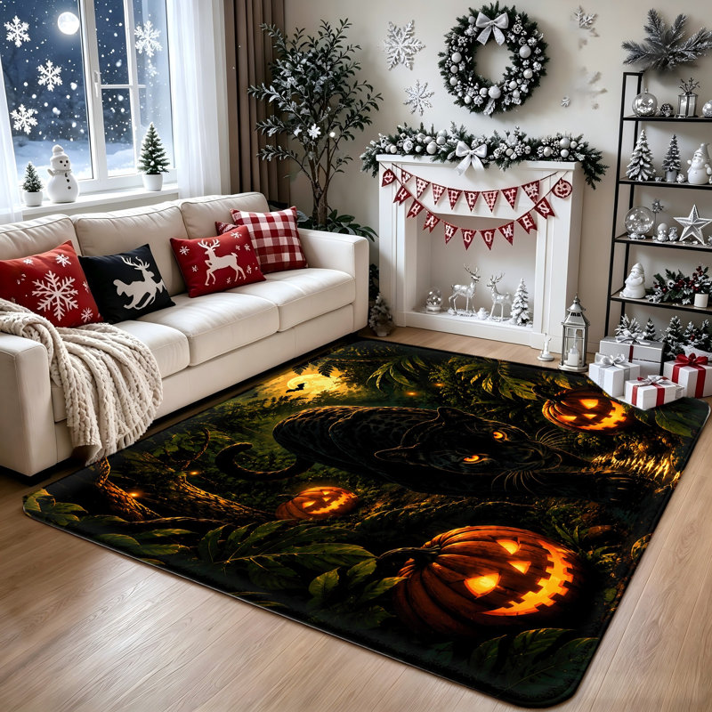 Tapis d'Halloween Spooky Black Panther & Pumpkin, Rectangle 6 pi 7 po x 4 pi 7 po (200 x 140 cm)