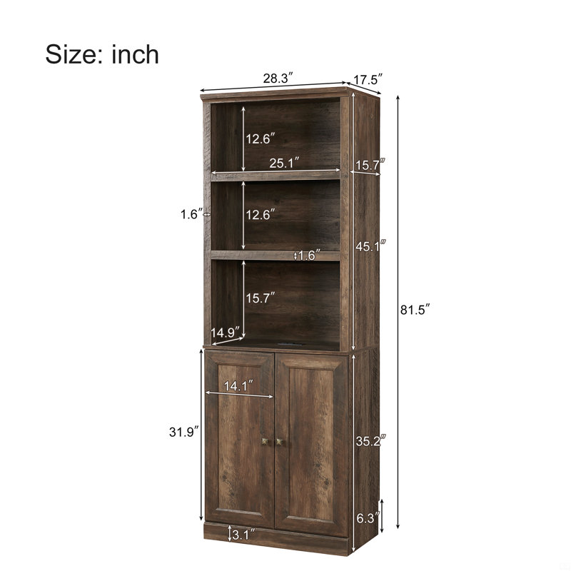 1 Doors Bookshelf With USB Port And 3 Open Shelves Bookcase Side Cabinet Storage Shelves, Brown