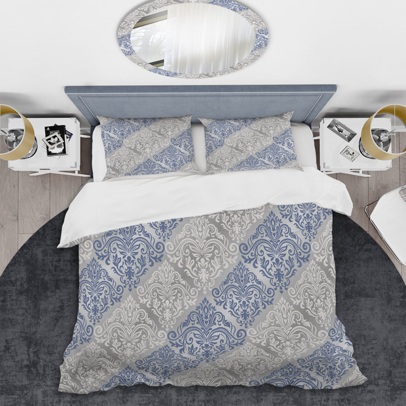 Grey and Blue Damask - Abstract Duvet Cover Set - Microfiber Polyester