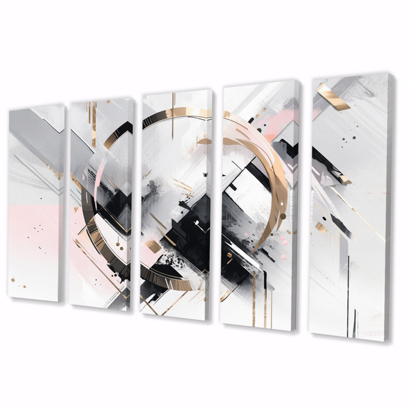 «Pink and Gray Mosaic Echoes II», reproduction d'art sur toile cubisme - 5 panneaux égaux