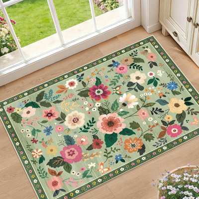 Motif floral 2 x 3 tapis lavable imprimé boho tapis mignon antidérapant fleur à poils courts pour le salon chambre paillasson tapis d'entrée pour la cuisine bureau ferme-vert clair