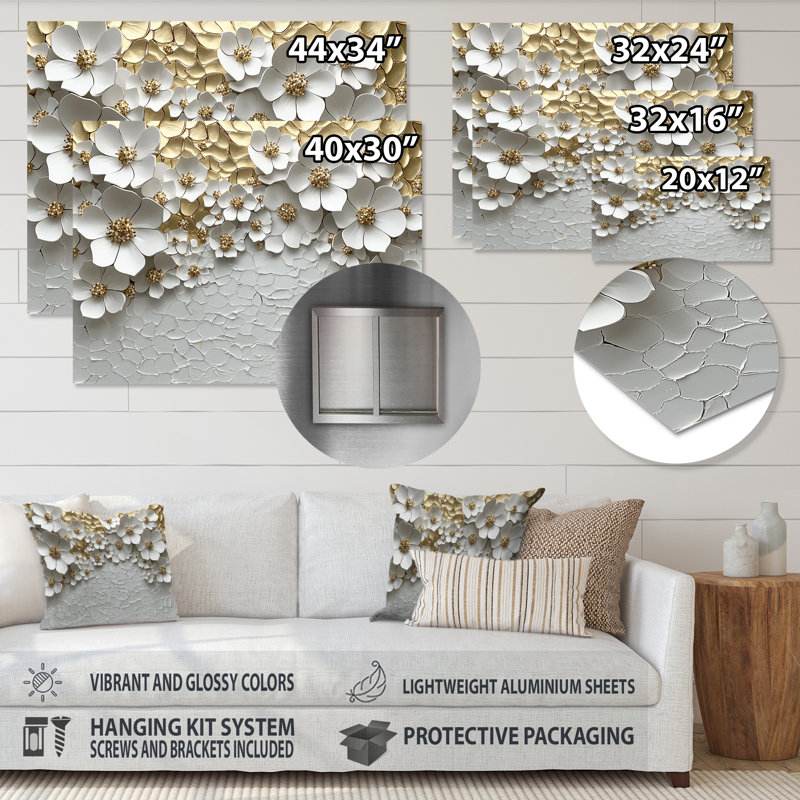 Fleurs blanches et dorées Wildflowers I - Art mural en métal fleurs sauvages, H 28 po x l 60 po