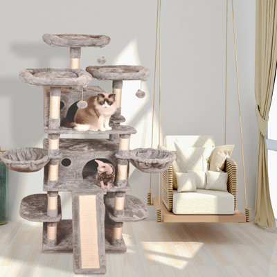 Arbre à chat H 67 po pour grands chats, avec panier, condo et poteau à griffes Mendes