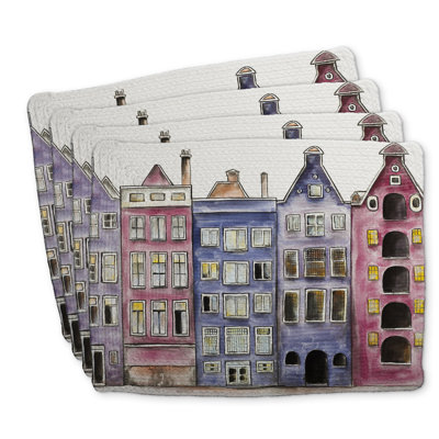 Ensemble de 4 napperons en polyester tressé - décor de maisons anciennes