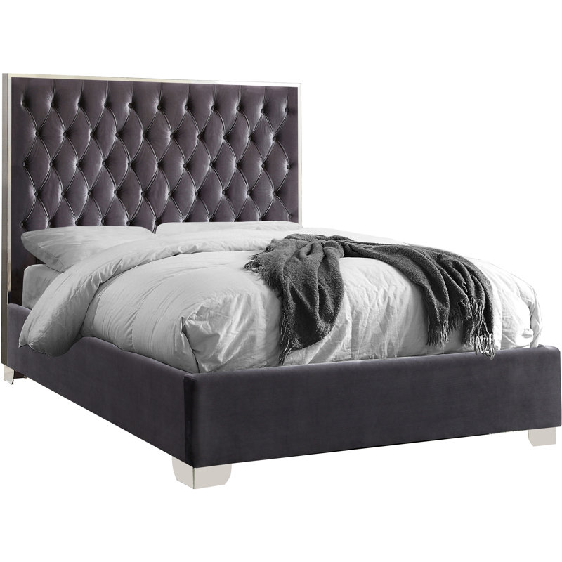 Spadaro Upholstered Platform Bed, Grey Velvet, Silver, Full