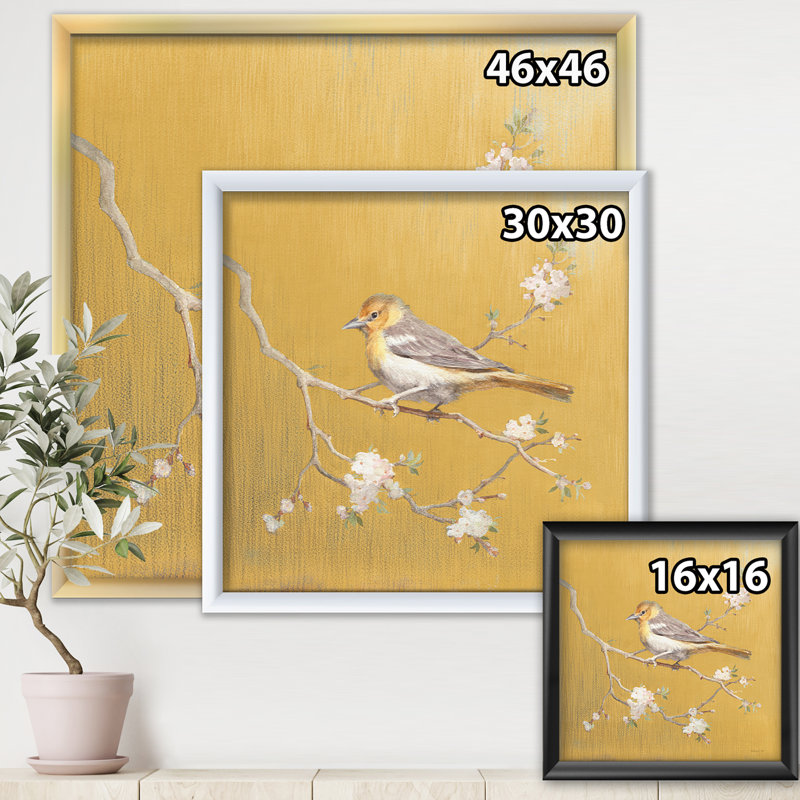 Gold Bird on Blossoms I - reproduction d'art sur toile encadrée, H 16 po x l 16 po x P 1 po, Cadre blanc