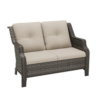 Causeuse de patio compacte en osier compacte toutes saisons avec coussins, résistante à la décoloration, pour petits espaces à l'intérieur et à l'extérieur