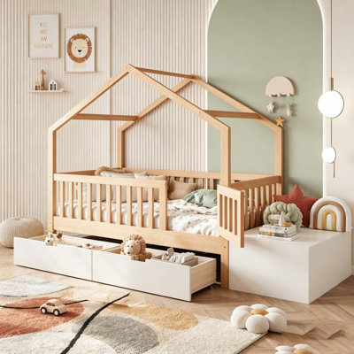 Toddler Bed with Storage Drawers  Lift-Top Chest, Solid Wood Bed with Safety Railings