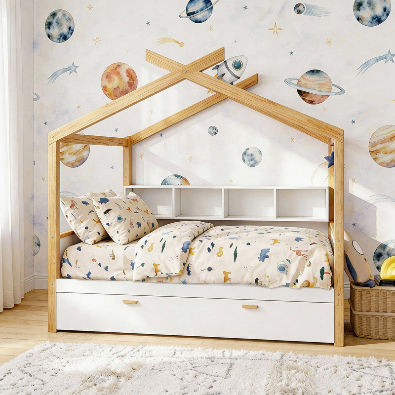 House-shaped Canopy Bed, Canopy Bed Frame with Bookshelf Storage Space, Full