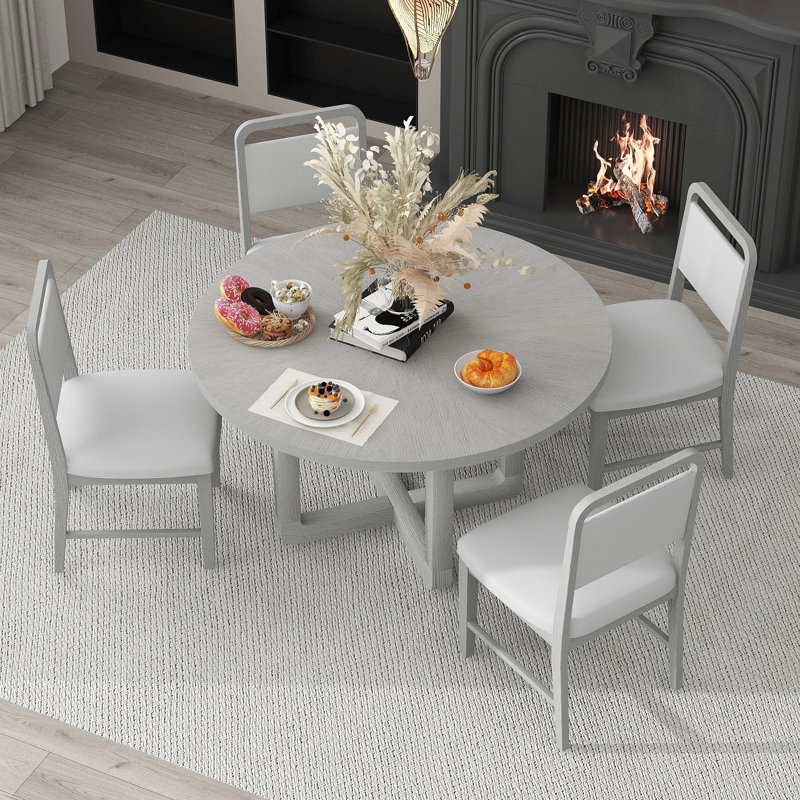 Ensemble de table de salle à manger 5 pièces pour 4 personnes avec chaises rembourrées, ensemble de table de salle à manger en bois avec plateau en grain de bois Radial pour salle à manger et cuisine