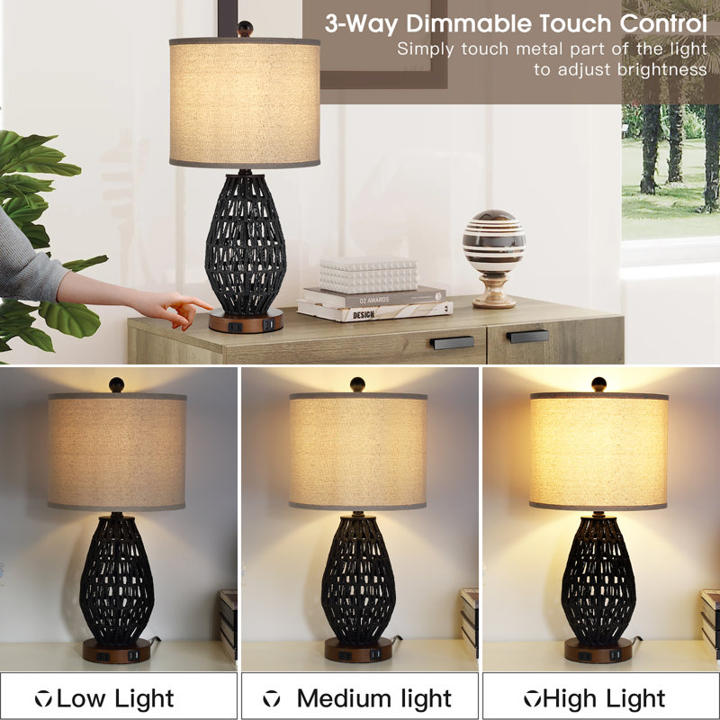 22.5" Compact Rattan Bedside Table Lamps with USB & Touch, Bulb Included, Black