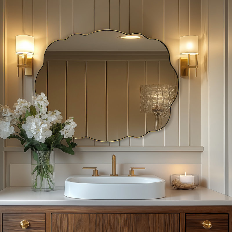 Contemporary Wavy Oval Scalloped Bathroom Vanity Mirror | Stainless Steel Frame, Brushed Gold, 40" x 30"