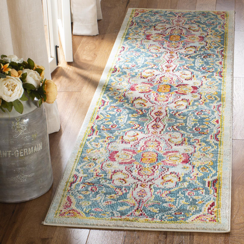 Tapis bleu / jaune à tissage plat Donnerson, Tapis de couloir 2 pi 3 po x 8 pi