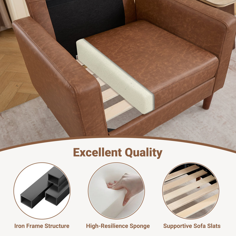 Modern 2 Accent Chairs And Loveseat Living Room Set, Mid-Century Upholstered Furniture, Brown Faux Leather