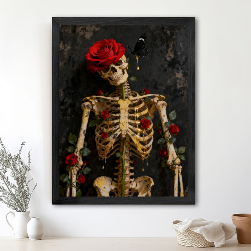 Art mural rétro noir squelette et rose encadré de style fantôme squelette foncé, H 37 po x l 25 po