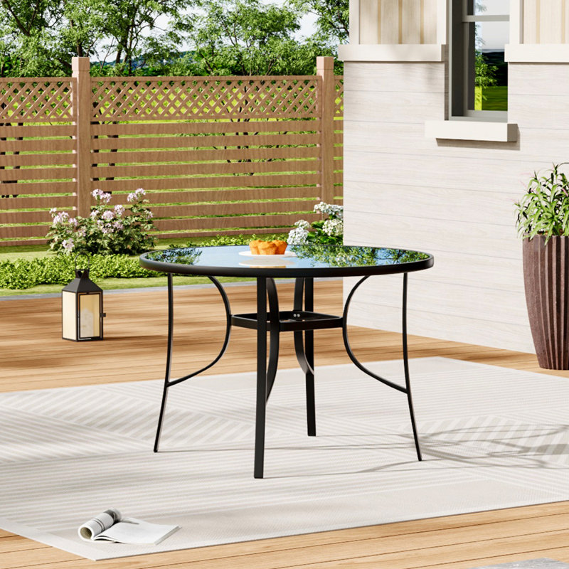 Martigues Round Metal Outdoor Dining Table With Umbrella Hole , 105cm cm W 105cm cm D, Black