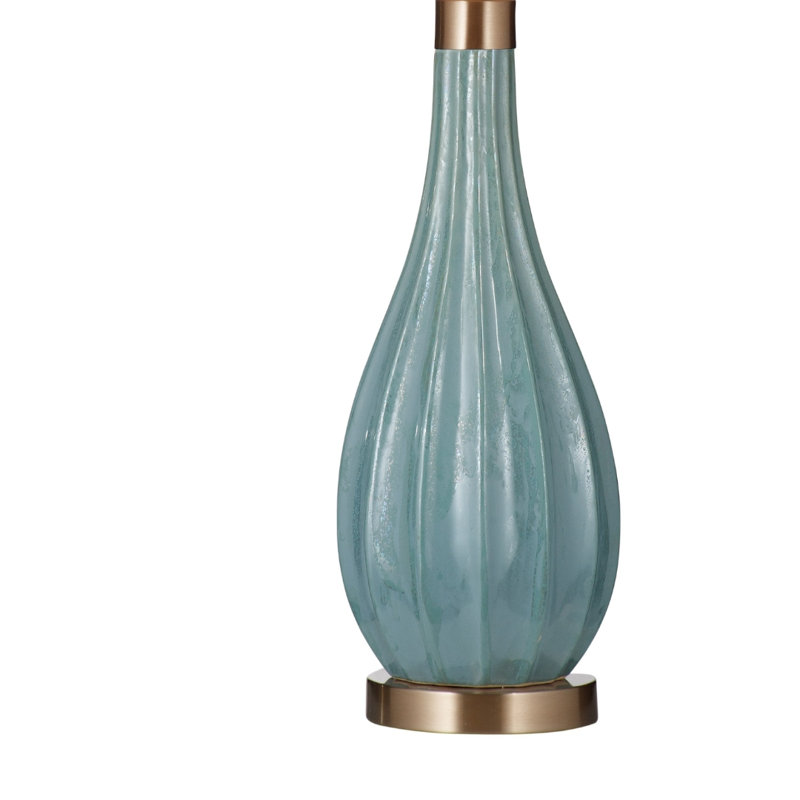 Modern Coastal Aqua Glass Table Lamp Set of 2 with White Linen Shades, 30" Tall