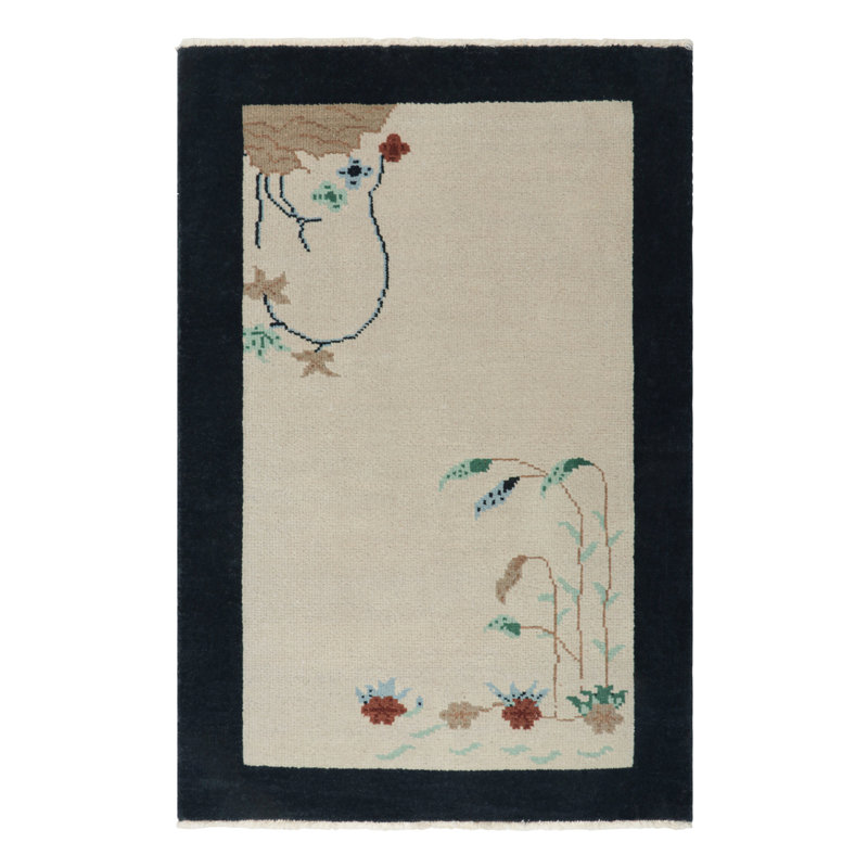 Rug & Kilim’S Chinese Deco Rug In White With Floral Patterns And Navy Border