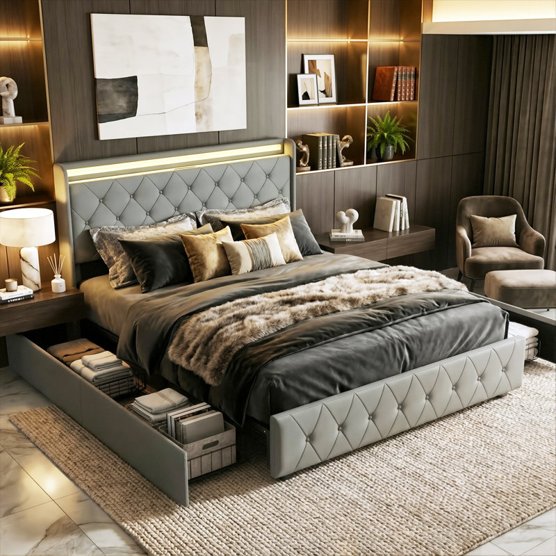Smart Velvet Bed Frame with LED Charging Headboard, Tufted Upholstered Frame with Storage Drawers, Grey/Beige in Multiple Size (EU Single, Double & King)