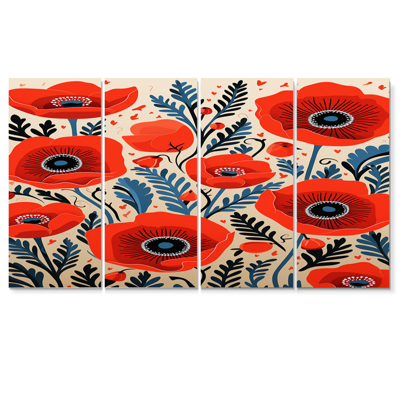 Blooming Poppies Retro Illustration - Poppy Wall Art, toile 4 pièces, H 32 po x l 64 po