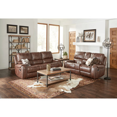 Achern Brown Leather-Air Nailhead Manual Reclining Sofa And Loveseat With Storage Console And Usb Port