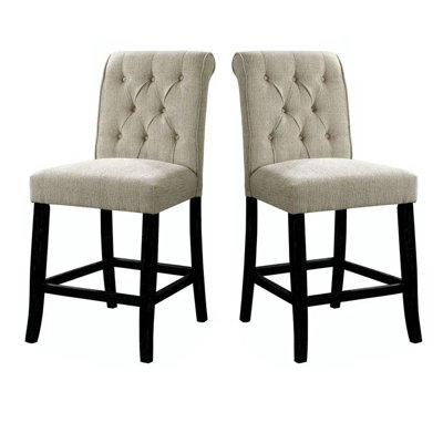 Dining Room Furniture Rustic Style Set Of 2 Counter Height Chairs Grey Chenille Fabric Upholstered Tufted Kitchen Breakfast