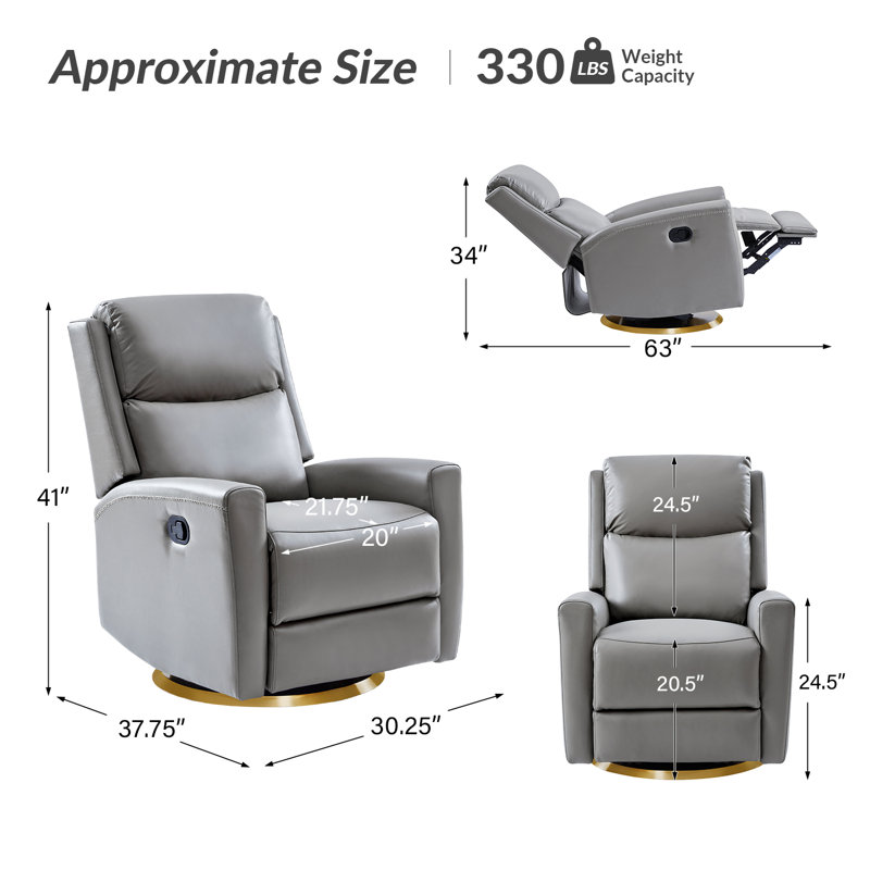 Aylesboro Genuine Leather Swivel Rocker Recliner, Gray