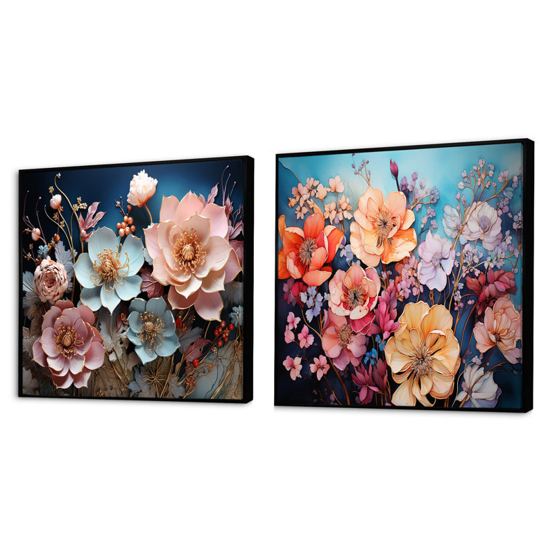 Mauve et corail - fleurs mystiques - ensemble de 2 collages carrés botaniques abstraits, Cadre flottant noir