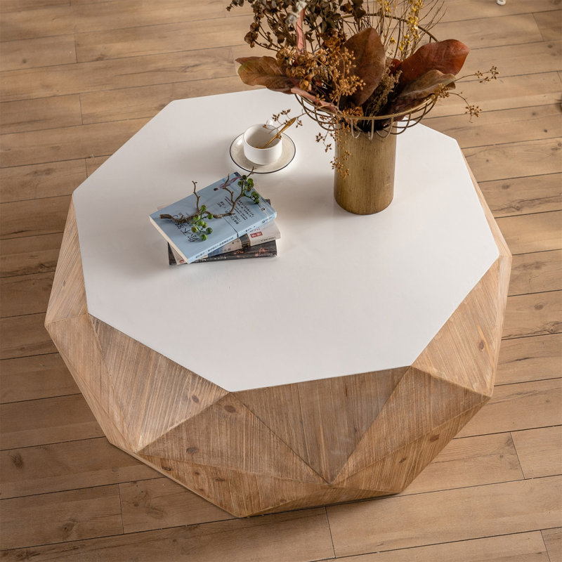 Three-Dimensional Embossed Pattern Design American Retro Style Coffee Table, White/Oak, 16.33" H x 38.18" L x 31.49" W
