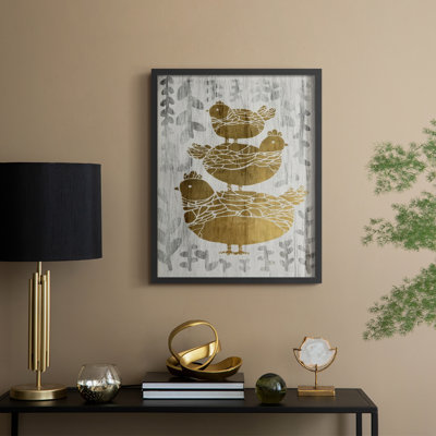Three French Hens - Gold Leaf Holiday, reproduction encadrée - bois massif
