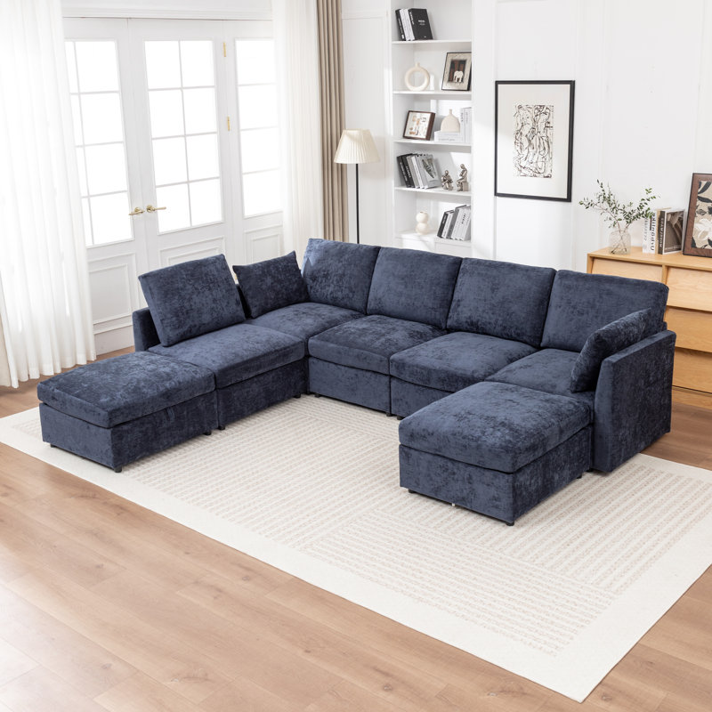 Canapé modulaire en U rembourré en X avec deux repose-pieds de rangement Miller, H 33 po x l 112 po x P 80 po, Bleu
