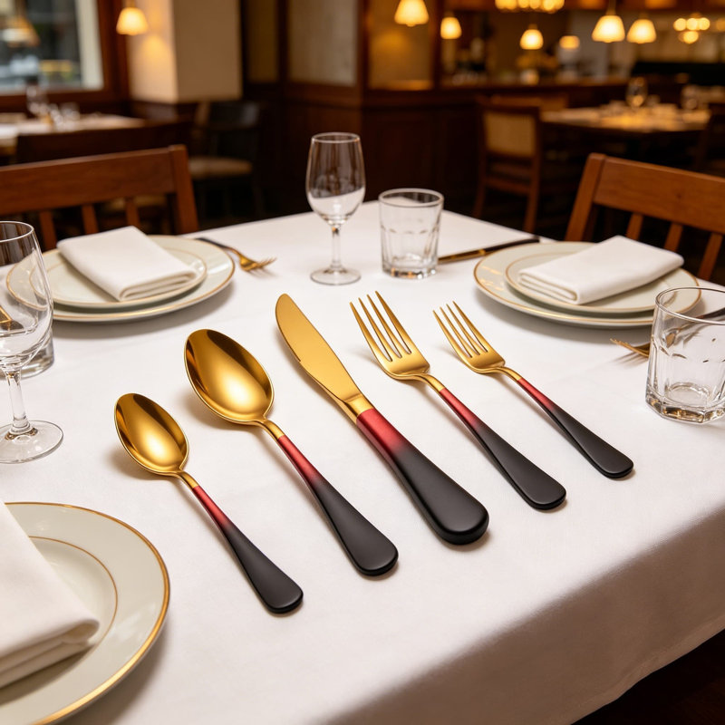 Ensemble de couverts 20 pièces en acier inoxydable noir et rouge 18/0 pour 4 personnes, comprenant des couteaux de table, des fourchettes de table, des cuillères à dîner, des fourchettes à salade, des cuillères à café et des couverts allant au lave-vaisselle