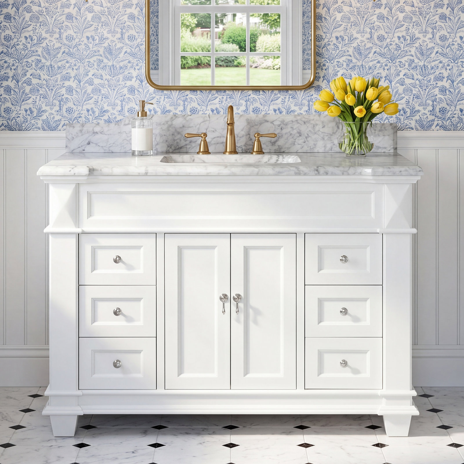 Ensa 48'' Single Bathroom Vanity, Carrara Marble, White