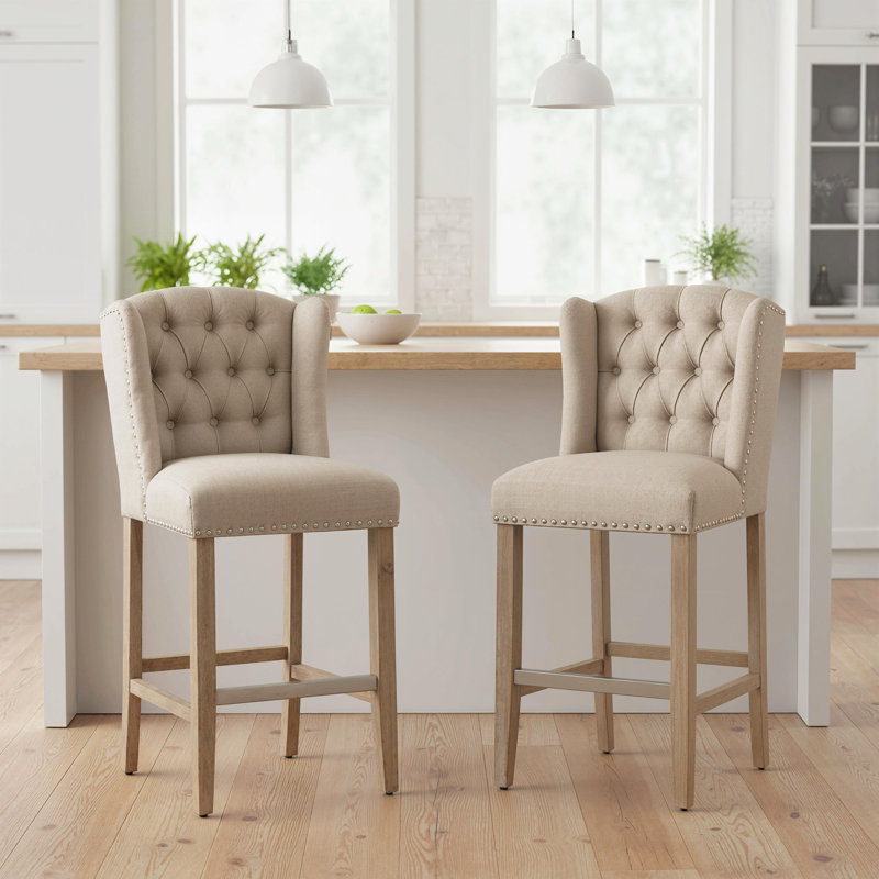 Ensemble de 2 tabourets de bar à hauteur de comptoir modernes avec pieds et repose-pieds en bois massif - Tissu en lin respirant, capacité de 264 lb