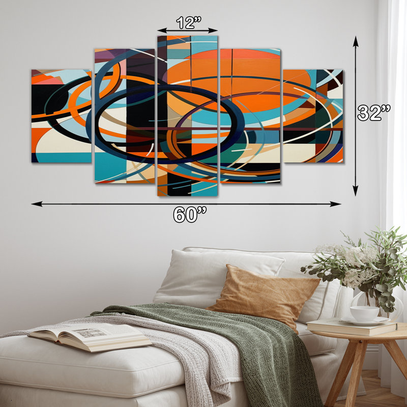 «Blue Orange Geometric Unleashed», reproduction d'art sur toile à formes abstraites - 5 panneaux
