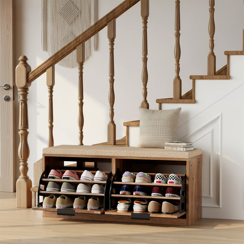 Banc d'entrée 39,37 po avec coussin, banc de rangement pour chaussures et tiroirs rabattables Boho
