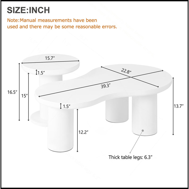 Ensemble de 2 tables basses gigognes faciles à assembler, de couleur crème avec une petite table d'appoint ronde, une table centrale irrégulière avec des pieds épais pour le salon, blanc, 39,3 po x 13,7 po, 15,7 po