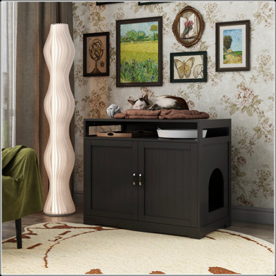 Enceinte de litière, meuble de litière pour chat avec prise dissimulée, 2 portes, table de rangement pour salle de chat, table d'appoint pour chat, grand bac à litière en bois inclus